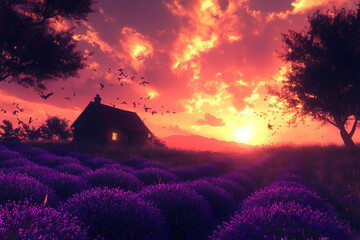 A charming cottage nestled amidst lush lavender fields in full bloom, creating a picturesque and serene countryside scene