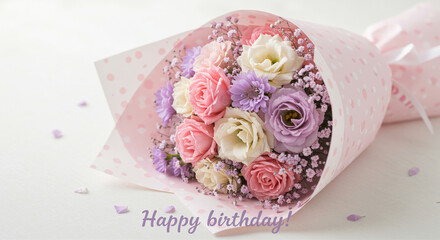 Bouquet of birthday flowers in pink wrapping with roses and blossoms