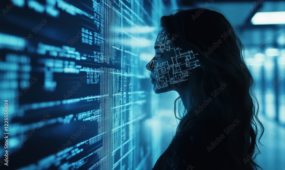 Poster digital face projection on woman, showcasing technology and data visualization, futuristic concept o