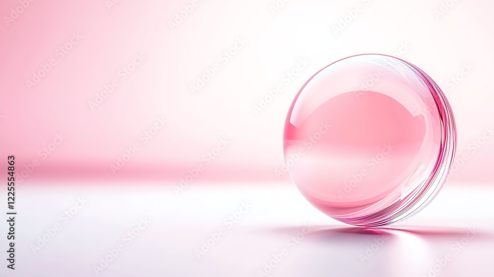 Poster a close-up view of a translucent pink sphere resting on a smooth surface, illuminated by soft light,