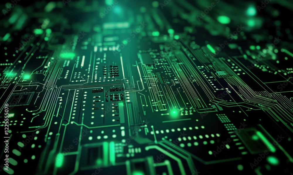 Poster abstract green circuit board design with glowing elements, intricate patterns, and digital technolog