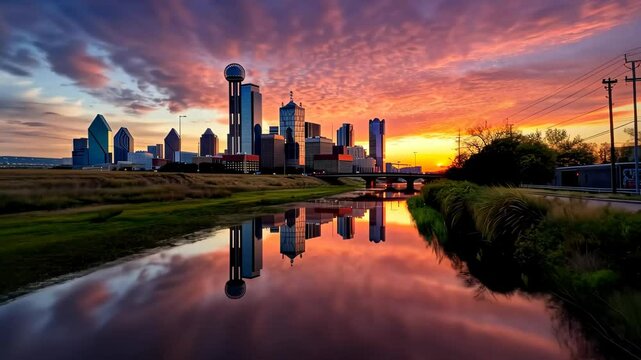 A vibrant sunset casts colorful clouds over the Dallas skyline, with reflections shimmering in the tranquil waters of the river, creating a picturesque evening view.