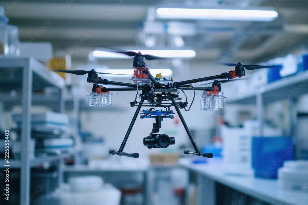 Poster drone with camera flying in a laboratory setting for research and development