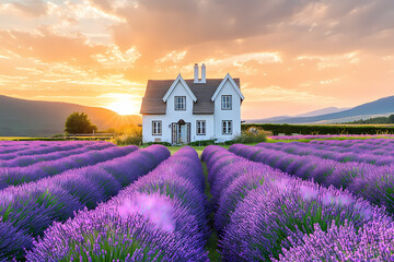 A charming cozy cottage nestled amidst vibrant blooming lavender fields, creating a picturesque countryside scene