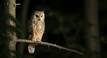 Obraz premium Majestic Short-eared Owl Perched on Branch in Dark Forest