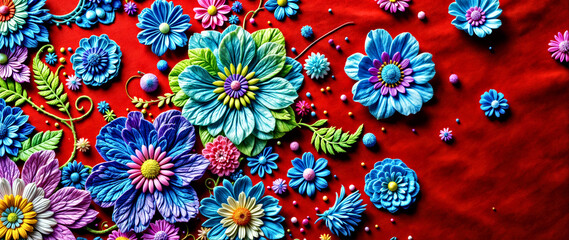 Vibrant Floral Art on Red Background: Colorful Flowers and Designs in Trendy Stock Photography