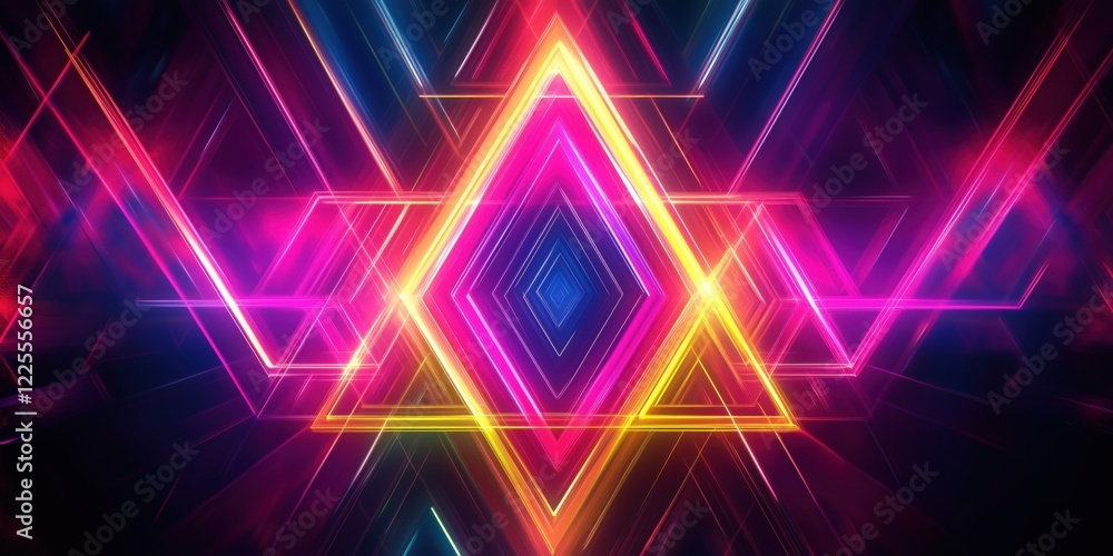 Poster vibrant neon geometric patterns with triangular shapes and radiant colors in abstract design