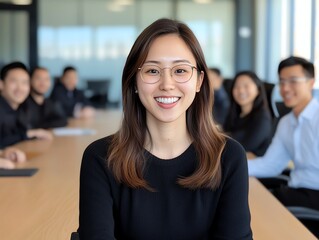 A confident woman smiling while seated at a conference table with colleagues in the background, showcasing a collaborative work environment and contemporary office setting.