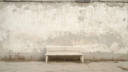 White bench against weathered wall.