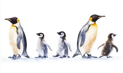 Emperor penguin life cycle stages illustrated, showcasing adult penguins and chicks in various growth phases, from hatchling to juvenile
