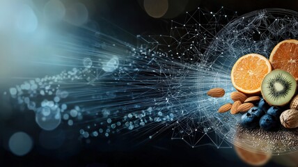 Menopause and Health concept. Fresh fruits and nuts with splashes of water on a dark background, creating a dynamic and vibrant scene.