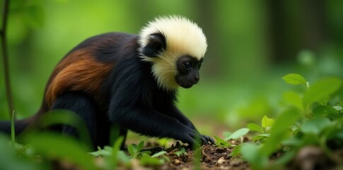Fototapeta premium White headed capuchin foraging in forest undergrowth, capuchin, forest floor