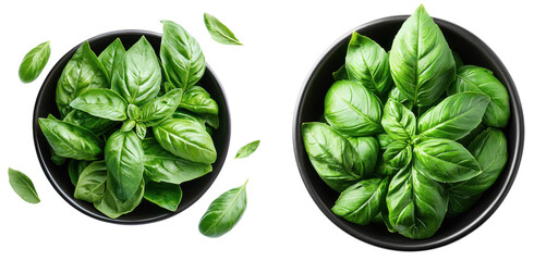 Obraz premium Fresh basil leaves culinary herb kitchen natural light top-down view healthy cooking inspiration