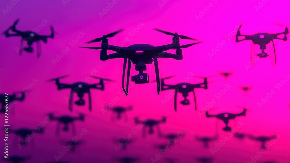 Poster a vibrant array of drones flying in unison against a purple backdrop, showcasing advanced technology