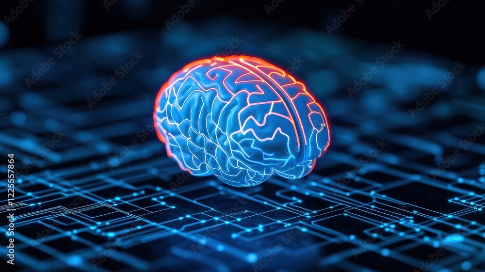 Poster a glowing brain illustration on a digital circuit background, symbolizing artificial intelligence an