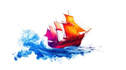 A vibrant sailing ship with red sails navigates through a lively blue ocean, showcasing a dynamic interplay of water and color.