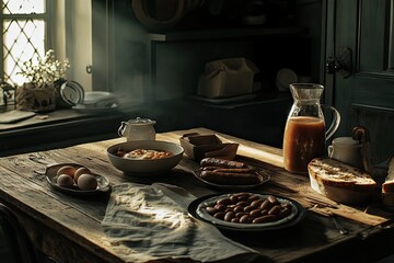 A traditional English breakfast with sausages, eggs, beans, and toast served on a rustic wooden table