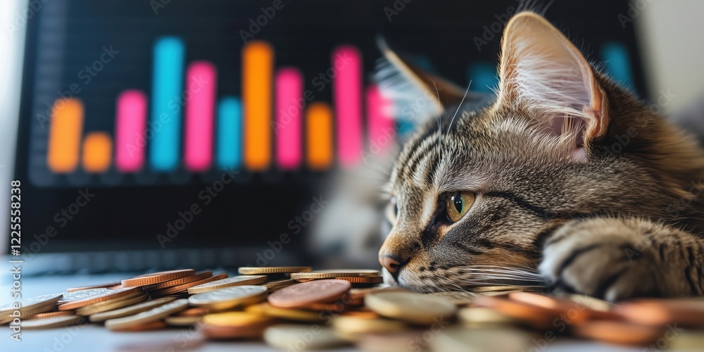 Poster cat resting on coins with financial graphs in background, showcasing the intersection of pets and fi