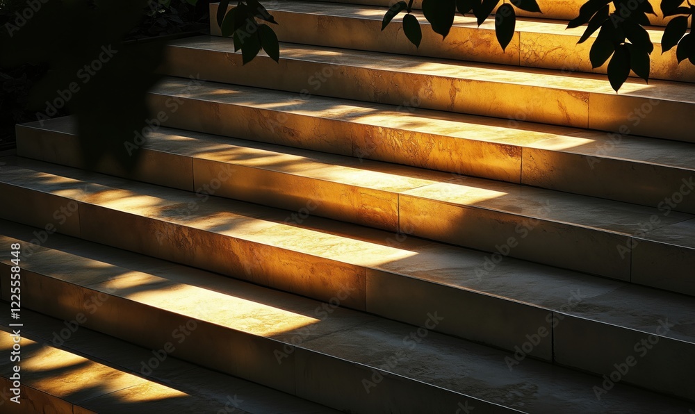 Poster golden sunlight illuminating stone steps, creating a warm and inviting atmosphere with shadows from 
