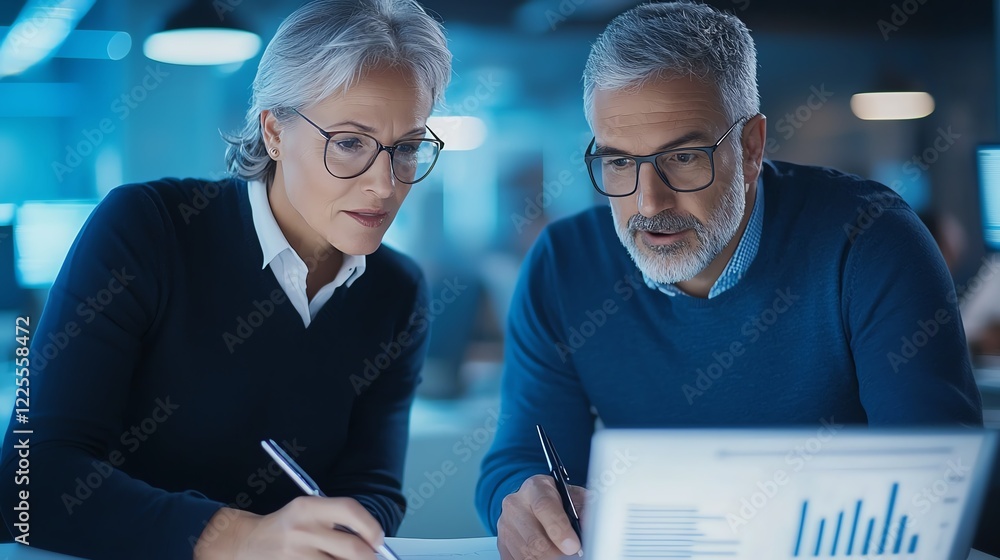 Poster a focused discussion between two professionals analyzing data on a tablet in a modern office environ