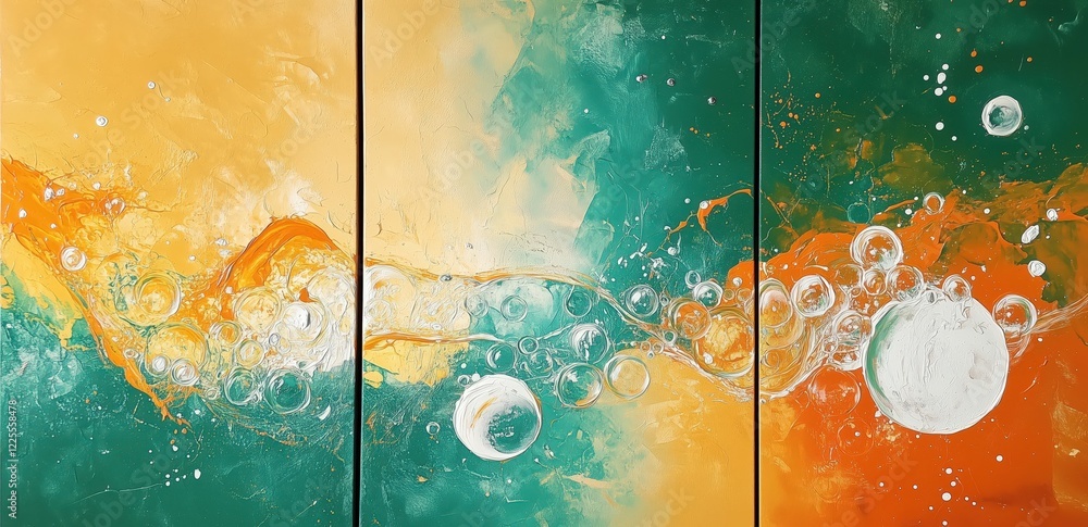 Poster abstract triptych: a vibrant and dynamic abstract painting in three panels, featuring swirling textu