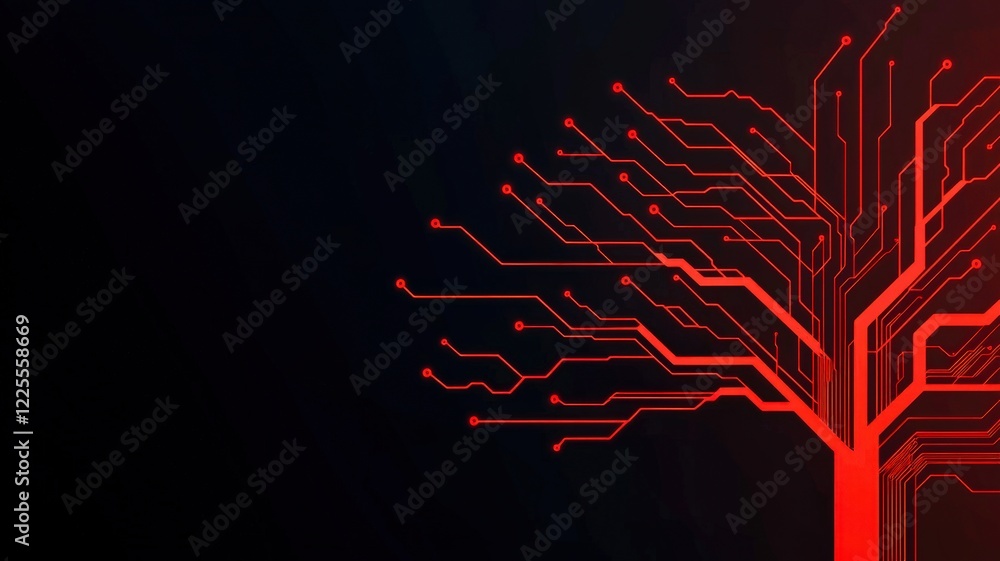 Poster a digital tree design with intricate red lines on a dark background, symbolizing technology and conn