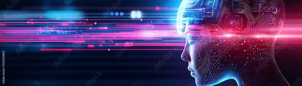 Poster a futuristic concept image showcasing a young humanoid figure with a digital backdrop. vibrant light
