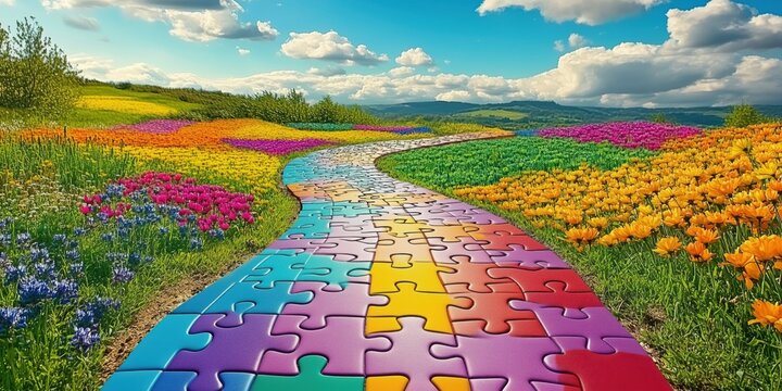 Colorful puzzle pathway through vibrant flower fields under blue sky with fluffy clouds