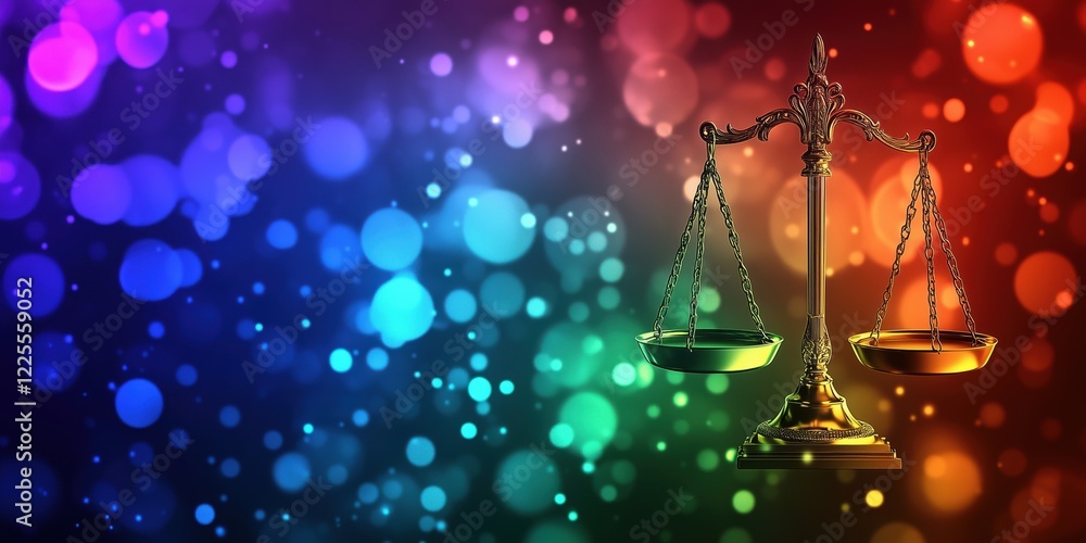 Poster symbol of justice scales on colorful bokeh background, representing fairness and equality