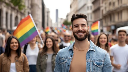 A joyful crowd participates in a pride march, celebrating diversity and inclusivity. People wave vibrant flags, showcasing solidarity and support for the LGBTQ+ community.