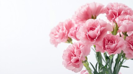 Happy Mother's Day background with pink carnations and a gift box on a white isolated background, close-up view of a mother's day flowers bouquet and ribbon decoration