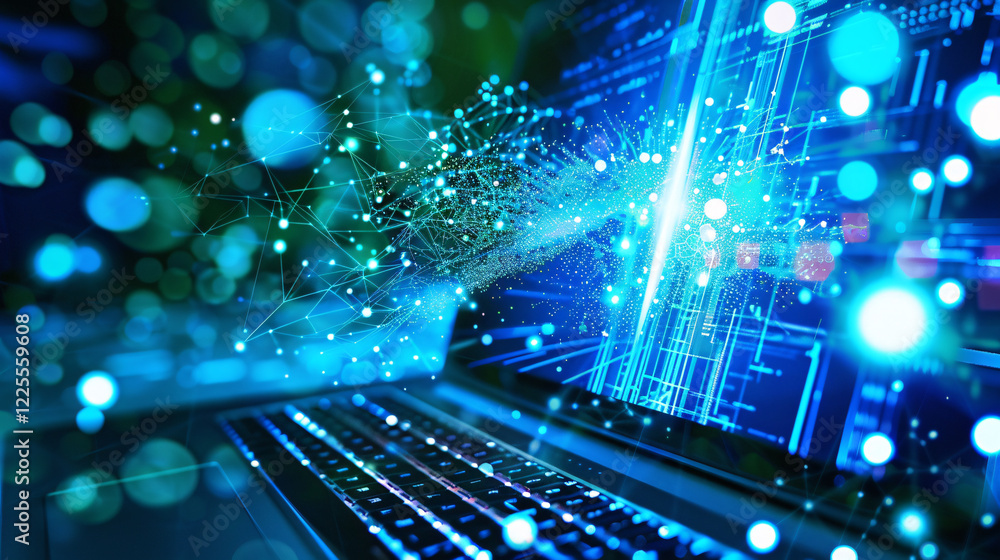 Poster digital data stream flowing from laptop