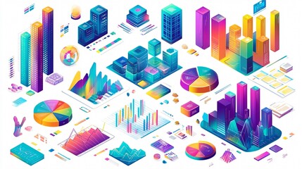 Dynamic Isometric Data Visualization Graphics for Analyzing Business Insights and Trends in Colorful Charts and Graphs