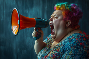 Fat woman screaming with loudspeaker