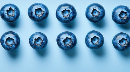Blueberries arranged on light blue background with contrasting shadows creating a vibrant visual of fresh fruit and healthy eating options.