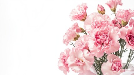 Happy Mother's Day background with pink carnations and a gift box on a white isolated background, close-up view of a mother's day flowers bouquet and ribbon decoration