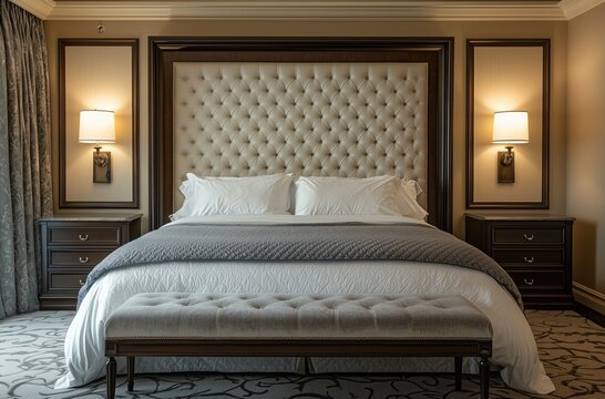 Bedroom with elegant bed plush carpeting diamond-studded headboard bench gray throw