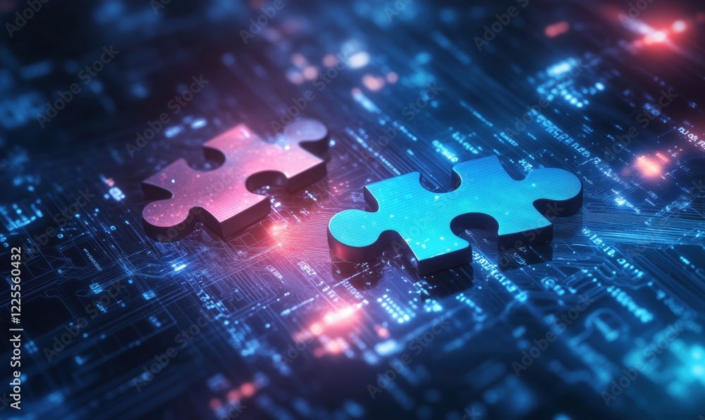 Poster digital puzzle pieces representing technology integration, innovation, and problem-solving in a futu