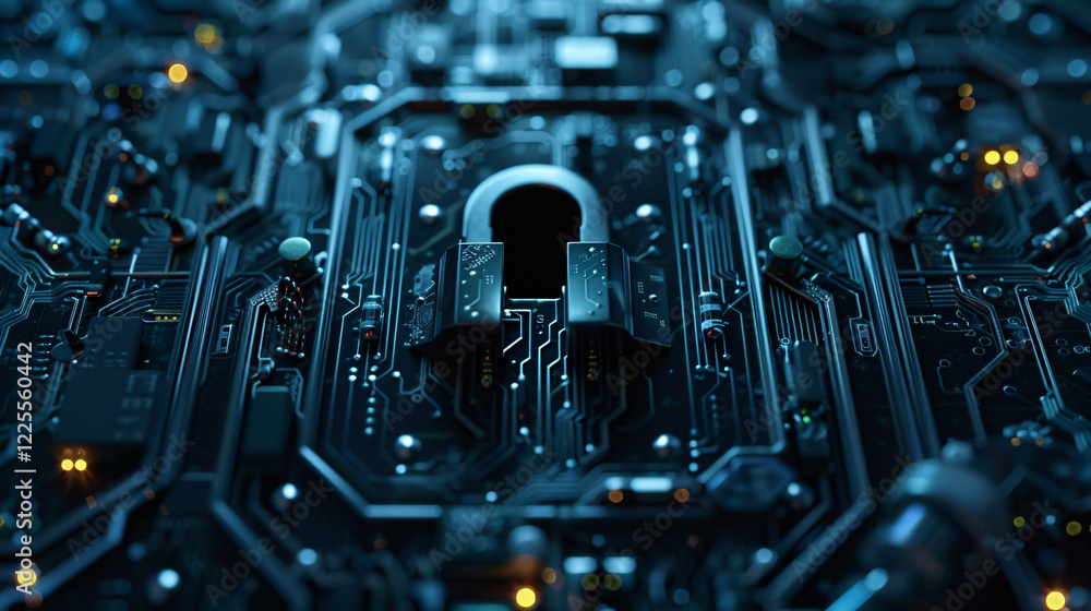 Poster futuristic cybersecurity concept with padlock on circuit board