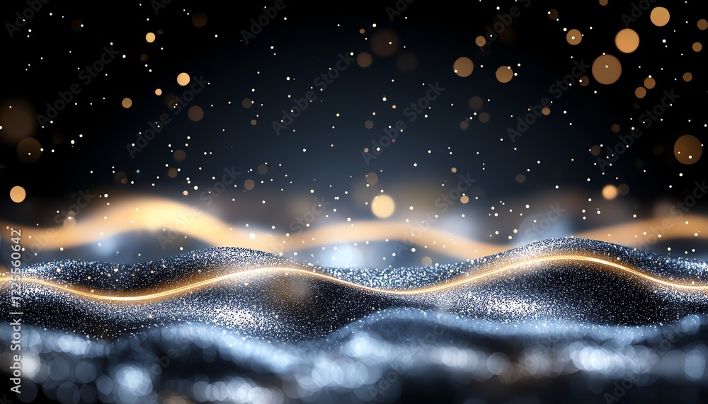 Poster a mesmerizing abstract representation of shimmering waves against a dark backdrop, enhanced with glo