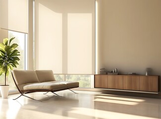Modern beige and brown living room, designed in a minimalistic aesthetic, with a sofa and armchair near a chic wooden cabinet, polished floor, high-resolution 3D rendering