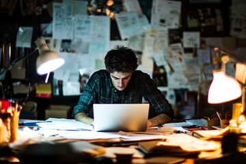 Fototapeta premium Young man focused on laptop in a dimly lit workspace filled with scattered papers and notes
