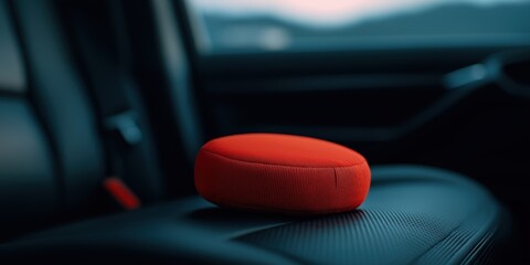 Red whoopee cushion on a car seat at dusk, April fools day