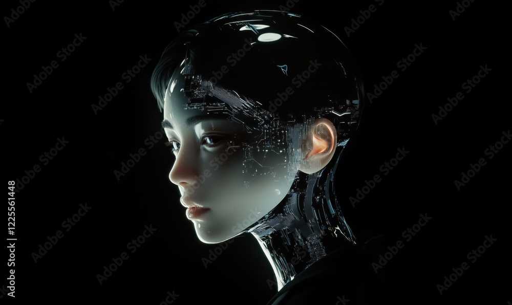 Poster futuristic humanoid robot with transparent head showcasing intricate circuitry and digital elements,