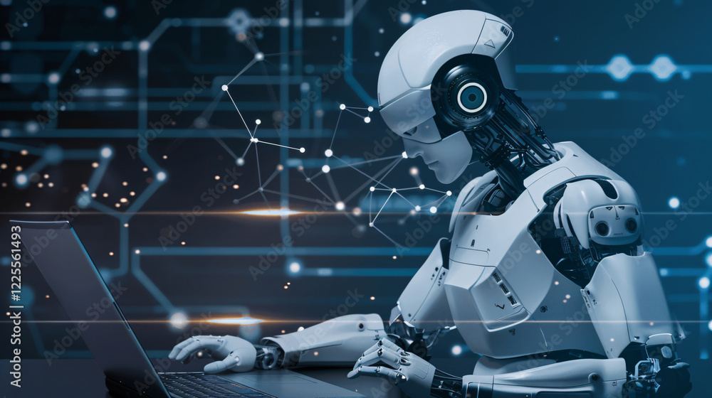 Poster futuristic robot engaged in data analysis