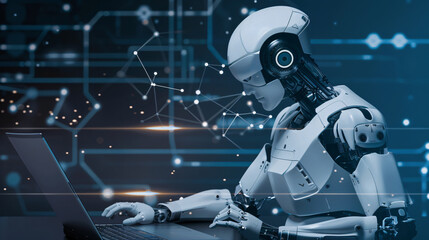 Futuristic robot engaged in data analysis