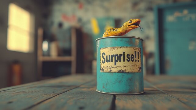 Toy snake popping out of surprise can on wooden table, April fools day, Snake in a Can