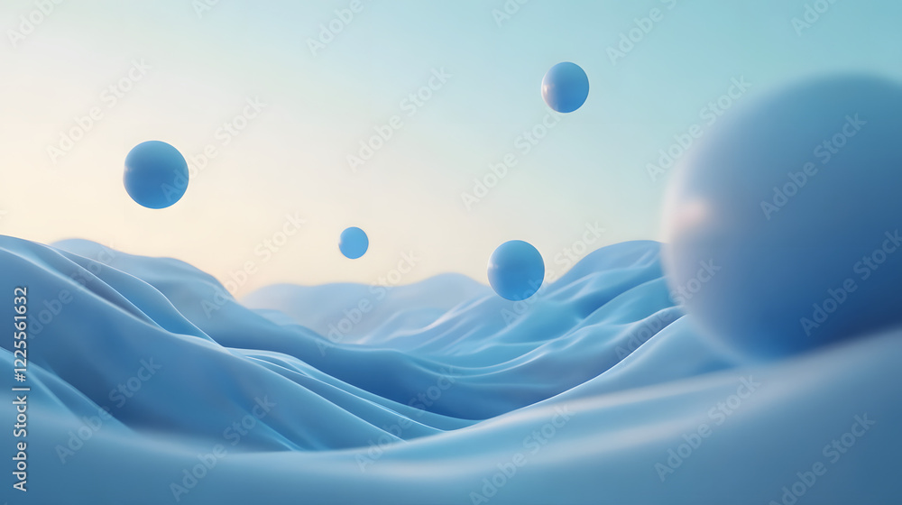 Poster abstract 3d rendering background with blue bouncing balls.