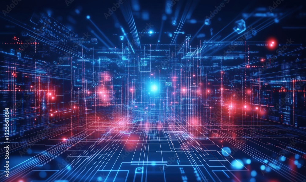 Poster futuristic digital landscape with glowing lines and data streams, showcasing advanced technology and
