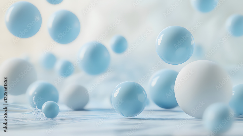 Poster abstract 3d rendering background with blue bouncing balls.